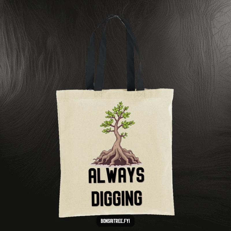 Funny tote bag with a mischievous bonsai tree and its playful roots, perfect for carrying items with a hint of trickery.