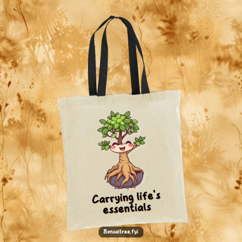 Funny Bonsai Tree Tote Bag with a smiling character whose roots are wiggling, perfect for carrying daily items with a humorous touch.