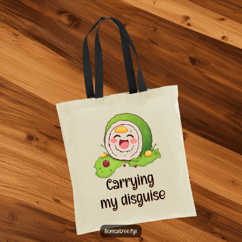 Funny tote bag featuring a laughing sushi roll character trying to camouflage itself within a mossy environment, a humorous depiction of hiding.