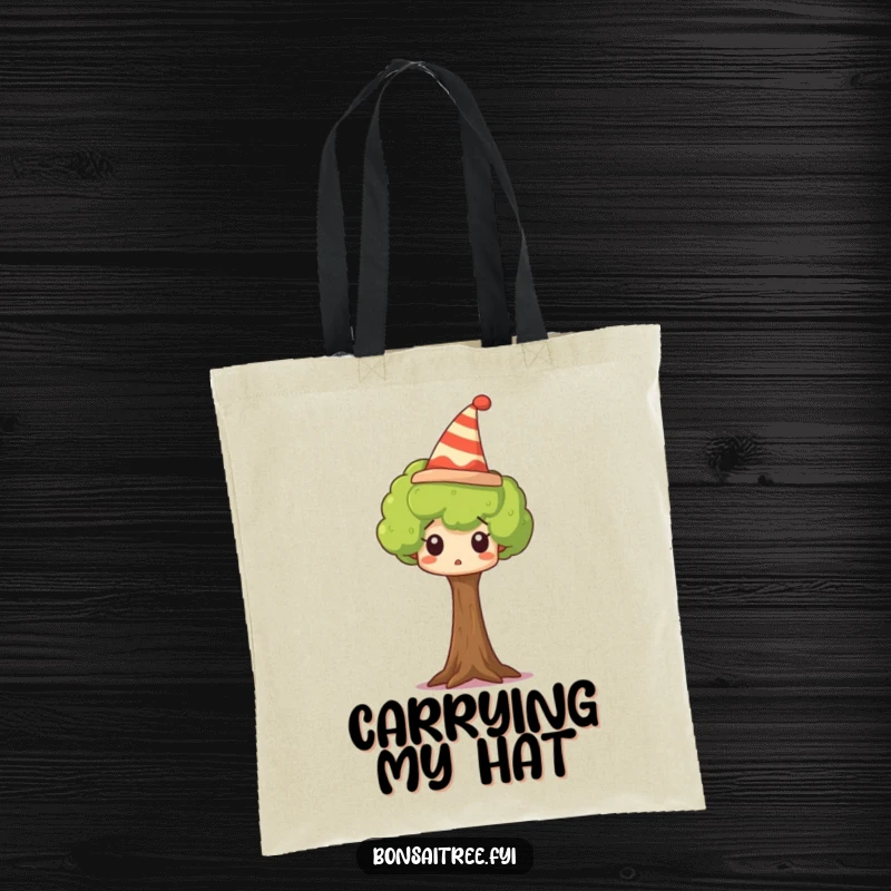 Funny tree tote bag featuring a tiny tree wearing a silly hat and looking surprised, perfect for carrying daily items.