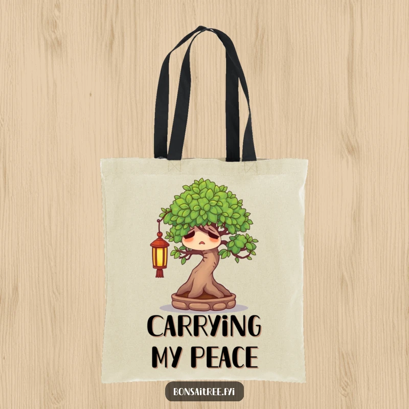 Funny weary bonsai tree character sighing contentedly under a tiny lantern, adding serenity to a durable tote bag.