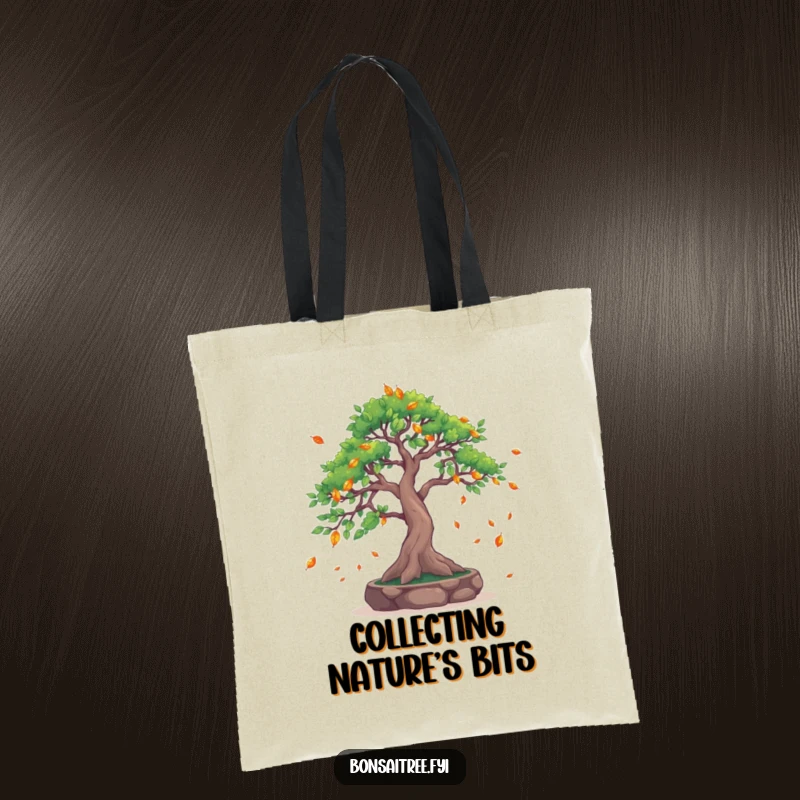 Funny Leaf-Catching Bonsai Tree Tote Bag: A bonsai with outstretched branches catches falling leaves, creating a humorous and artistic accessory for daily use.