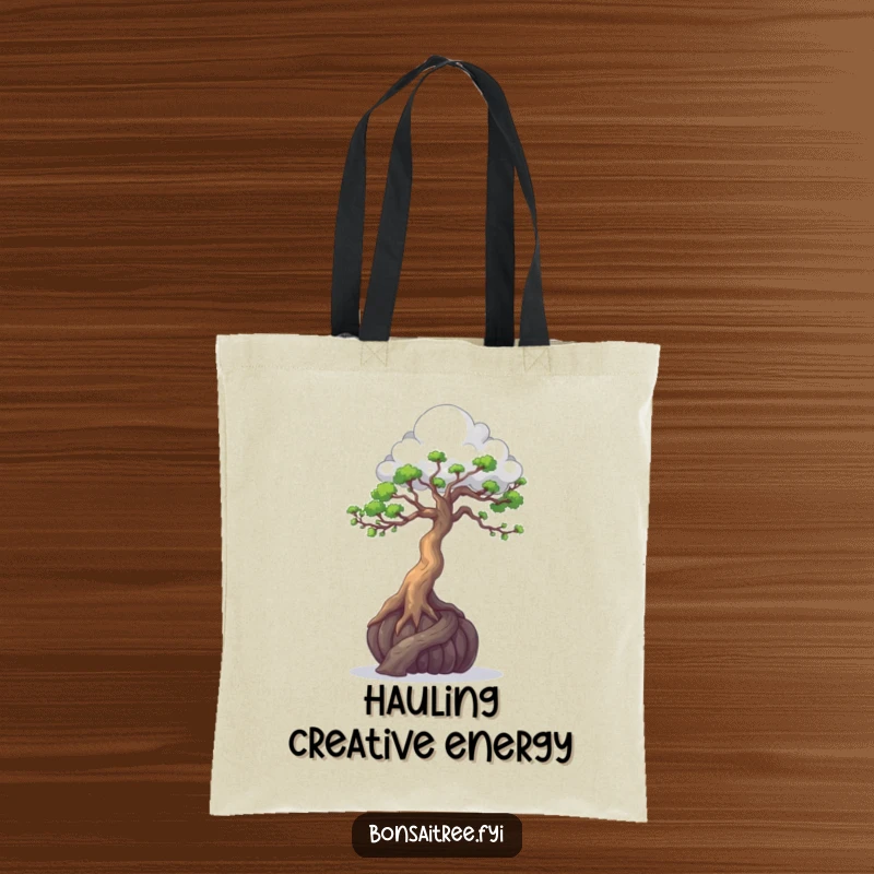Funny tote bag with a bonsai tree sculpting a cloud, blending art and humor for a unique accessory.