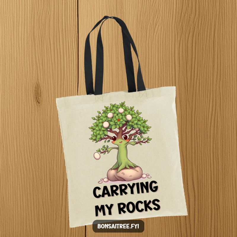 Funny Bonsai Tree Tote Bag: A bonsai character demonstrating impressive pebble juggling with its branches, ideal for carrying daily items.