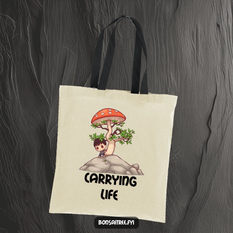 Funny bonsai character pushing a large mushroom uphill on a tote bag, embodying strength and humor for everyday use.