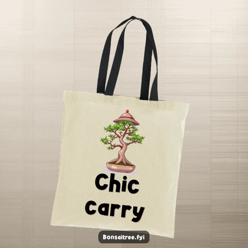 Funny tote bag featuring a bonsai tree wearing a small hat and waving a branch, ideal for carrying items with style and humor.