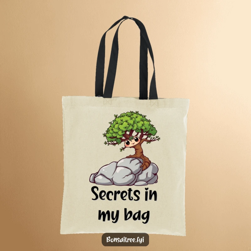Funny Bonsai Tree Tote Bag with a mischievous character playfully hiding behind a rock, perfect for carrying daily items with a humorous touch.