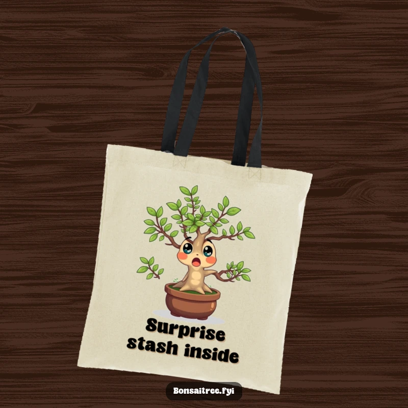Funny Bonsai Tree Tote Bag with a surprised character whose leaves are popping outwards, perfect for carrying daily items with a humorous touch.