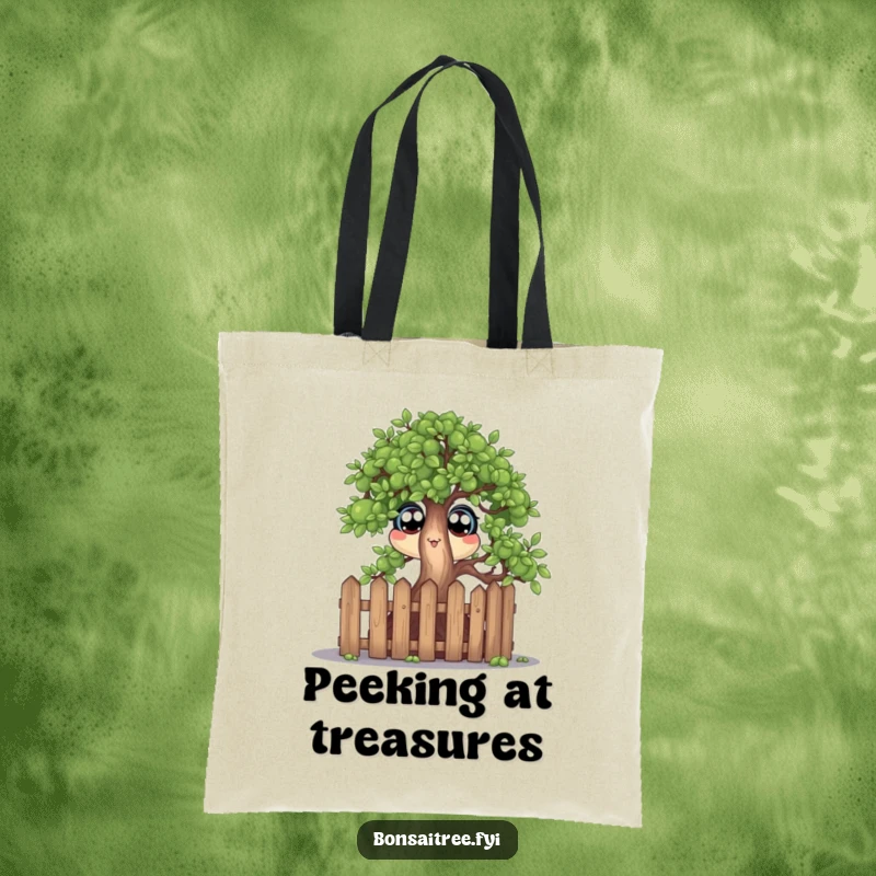 Funny canvas tote bag featuring a bonsai tree character with wide eyes peeking over a small fence, great for humorous everyday use.