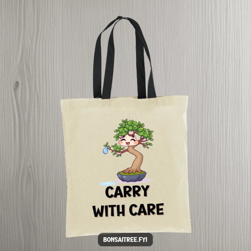 Funny giggling bonsai balancing a water droplet on a leaf on a tote bag, ideal for carrying items with humorous precision.
