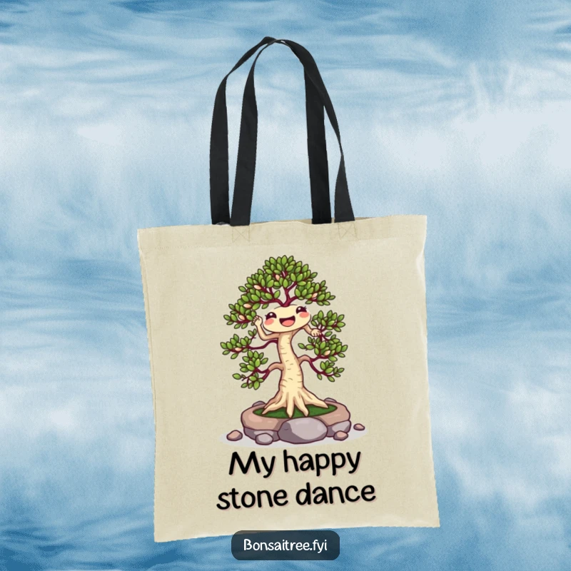 Funny Jigging Bonsai Tree Tote Bag: A cheerful bonsai dances with stones, creating a humorous and practical accessory for carrying your day.