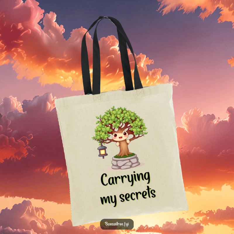 Funny tote bag with a happy bonsai tree character playing peek-a-boo behind a miniature stone lantern, perfect for carrying fun.