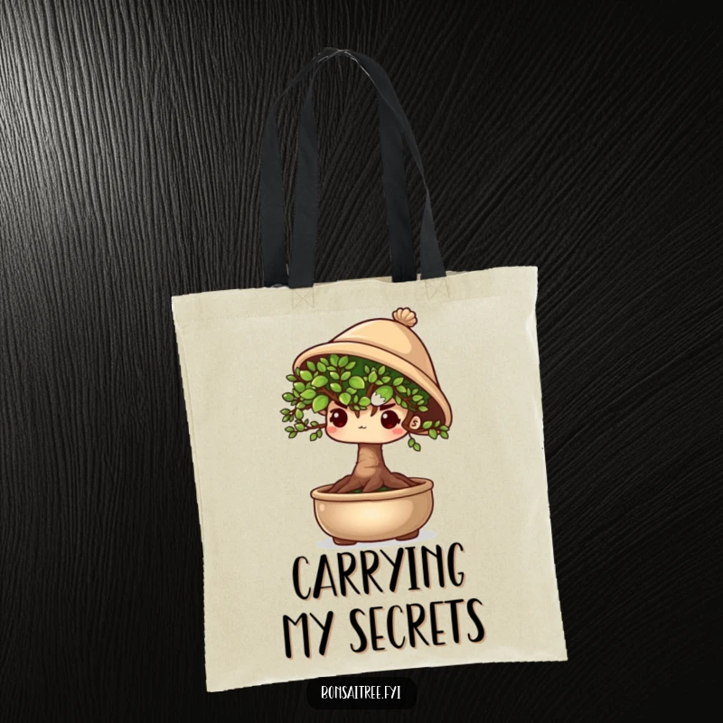 Funny shy bonsai tree character peeking out from under a tiny hat, looking shy and cute on a durable tote bag.