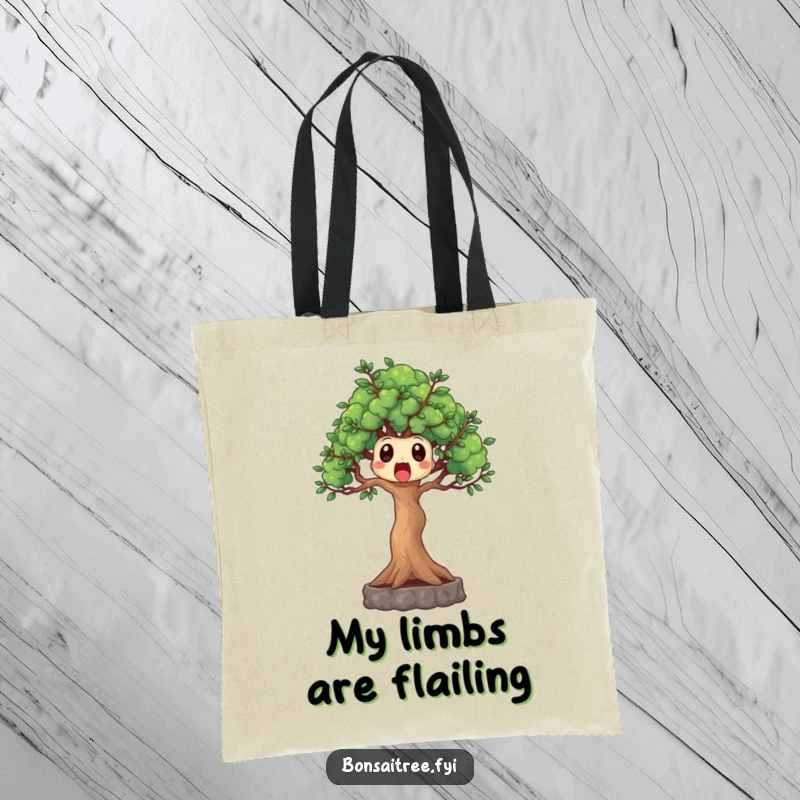 Funny surprised bonsai tree tote bag, branches reaching out in shock, a humorous and practical accessory for everyday use.