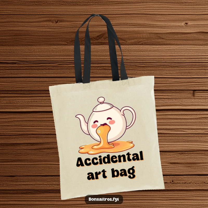 Funny teapot tote bag, comically spilling a vibrant rainbow of tea, a visually delightful product.