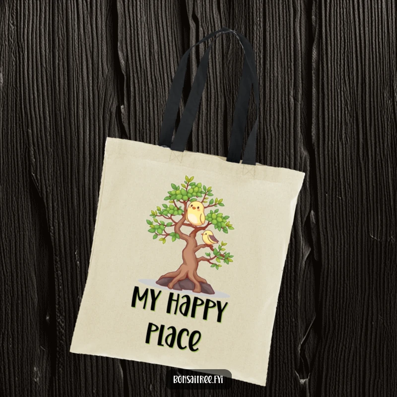 Funny tote bag depicting a happy bonsai tree with a bird, ideal for carrying essentials with a touch of natural joy.