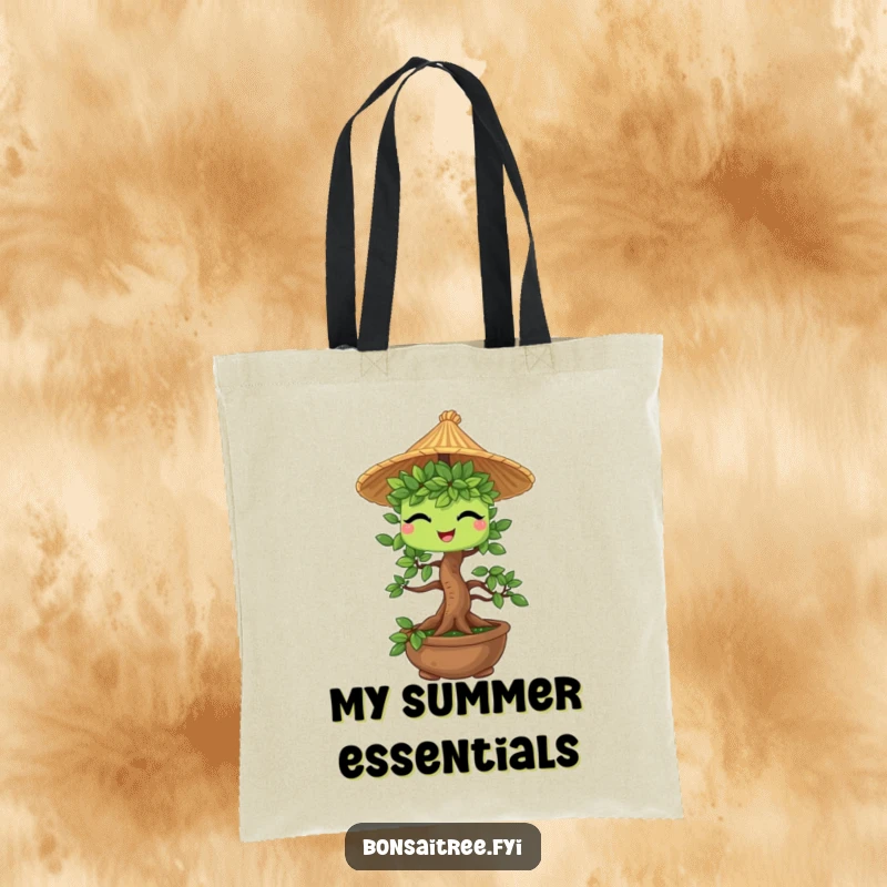 Funny Bonsai Tree Tote Bag: A stylish bonsai character winks mischievously while wearing a tiny straw hat, perfect for everyday use.