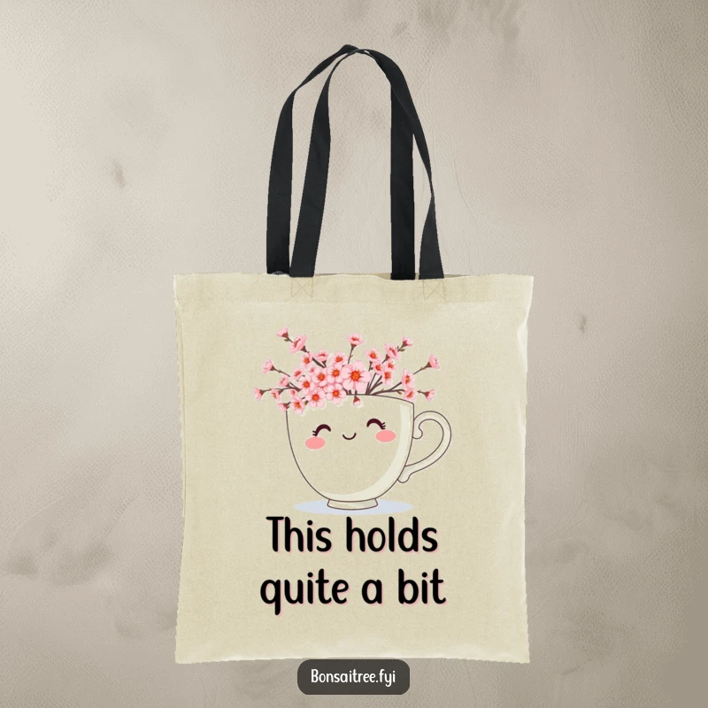 Funny tote bag illustration of a happy teacup character overflowing with numerous tiny cherry blossoms, a celebration of floral abundance.