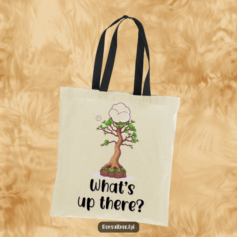 Funny tote bag with a curious bonsai tree character looking up at a cotton ball, ideal for stylish and humorous carrying.